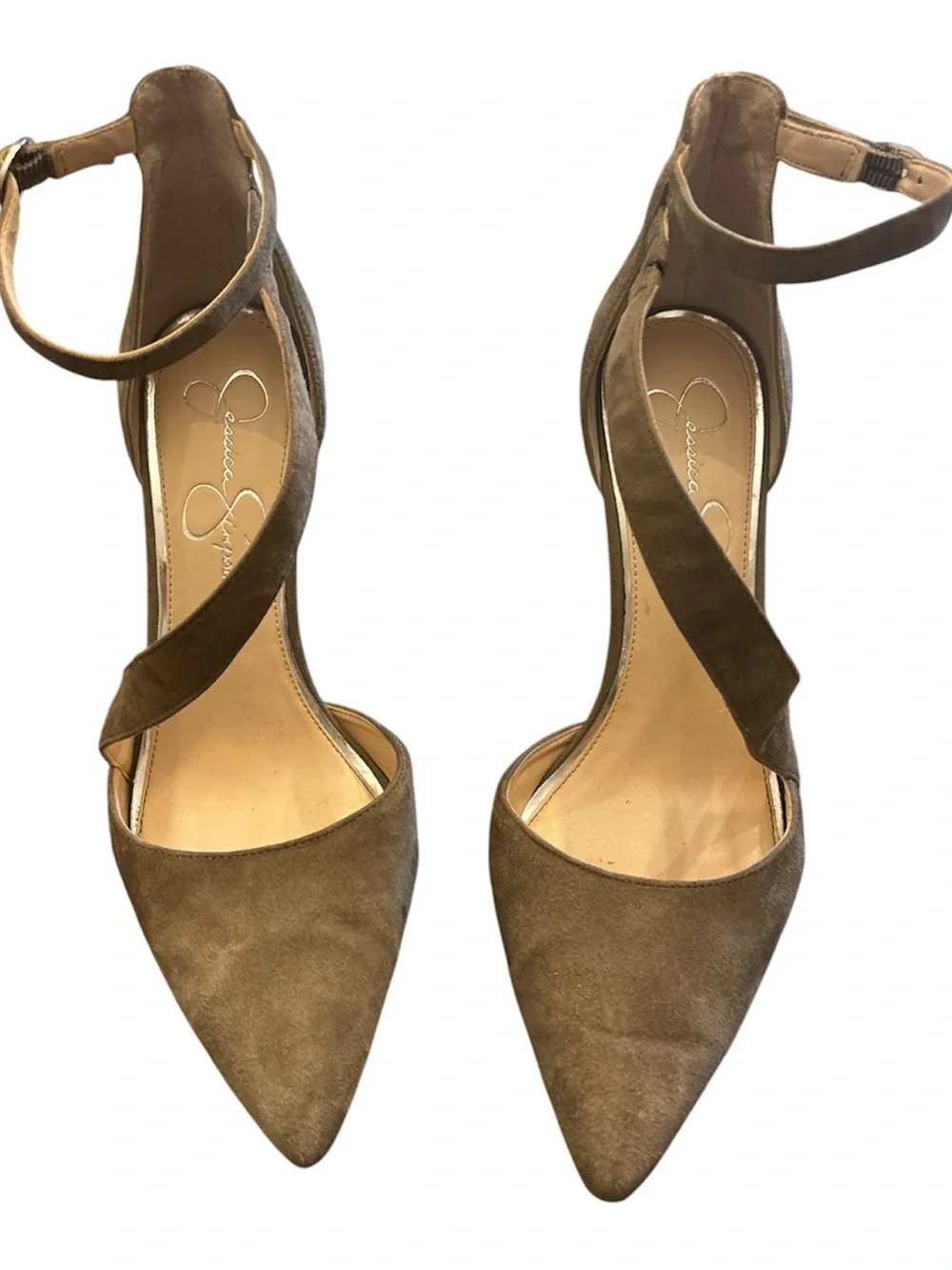 Jessica Simpson Khaki Suede Pointed-Toe Ankle-Strap Heels Size 8